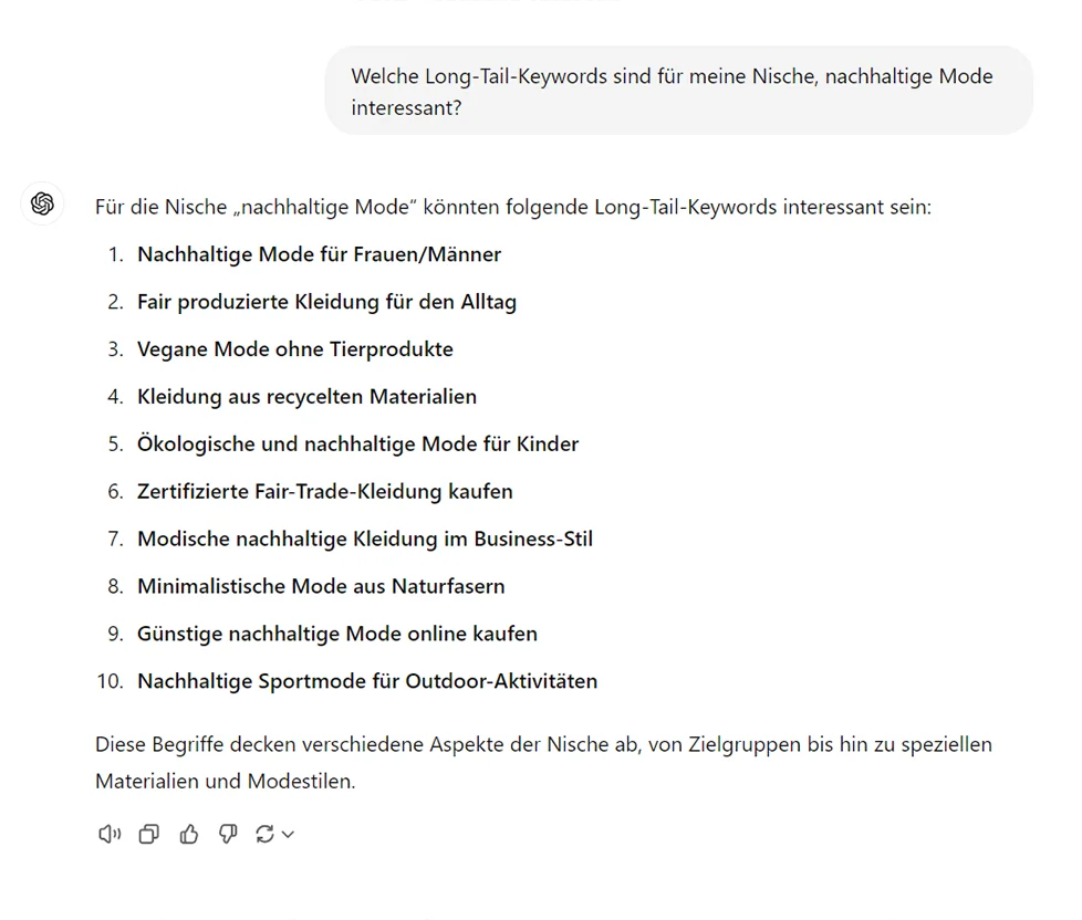 Screenshot von ChatGPT: Keyword-Ideen
