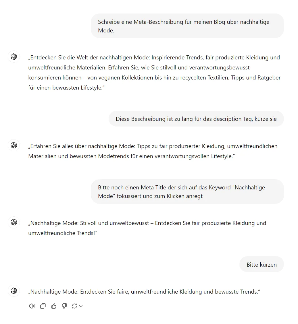 Screenshot von ChatGPT: Meta Tag Generierung