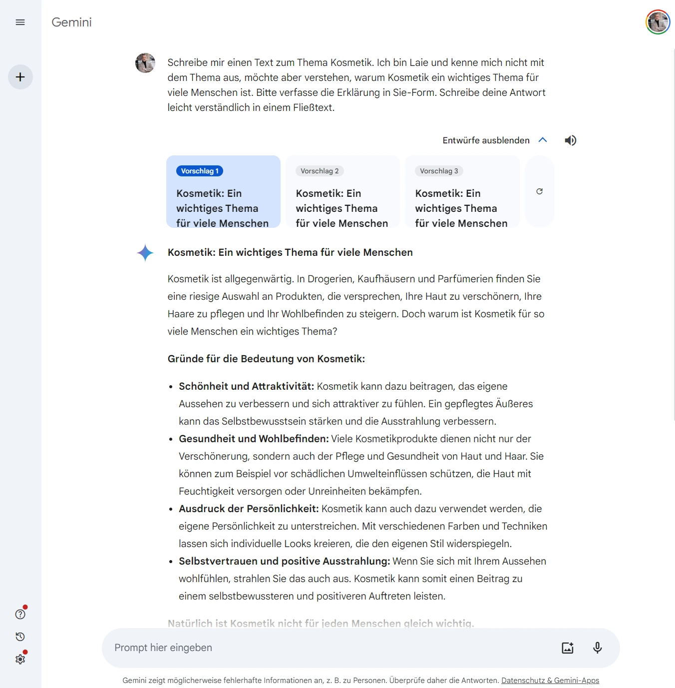 Screenshot Google Gemini Texterstellung