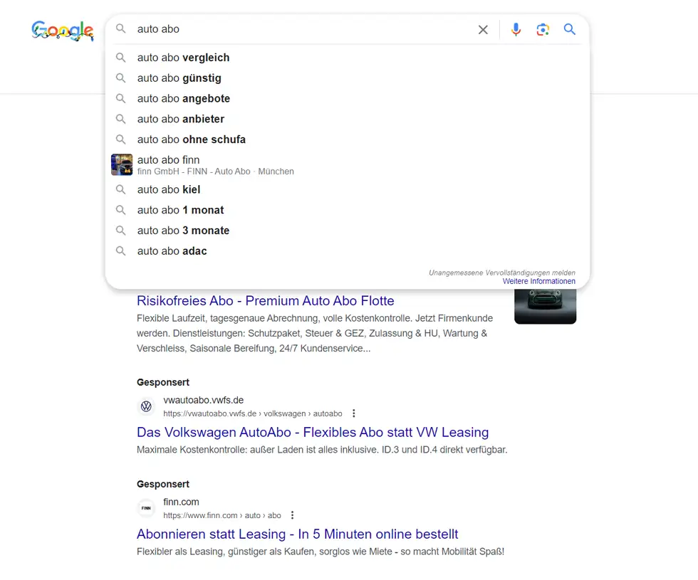 Google Vorschläge bei der Sucheingabe