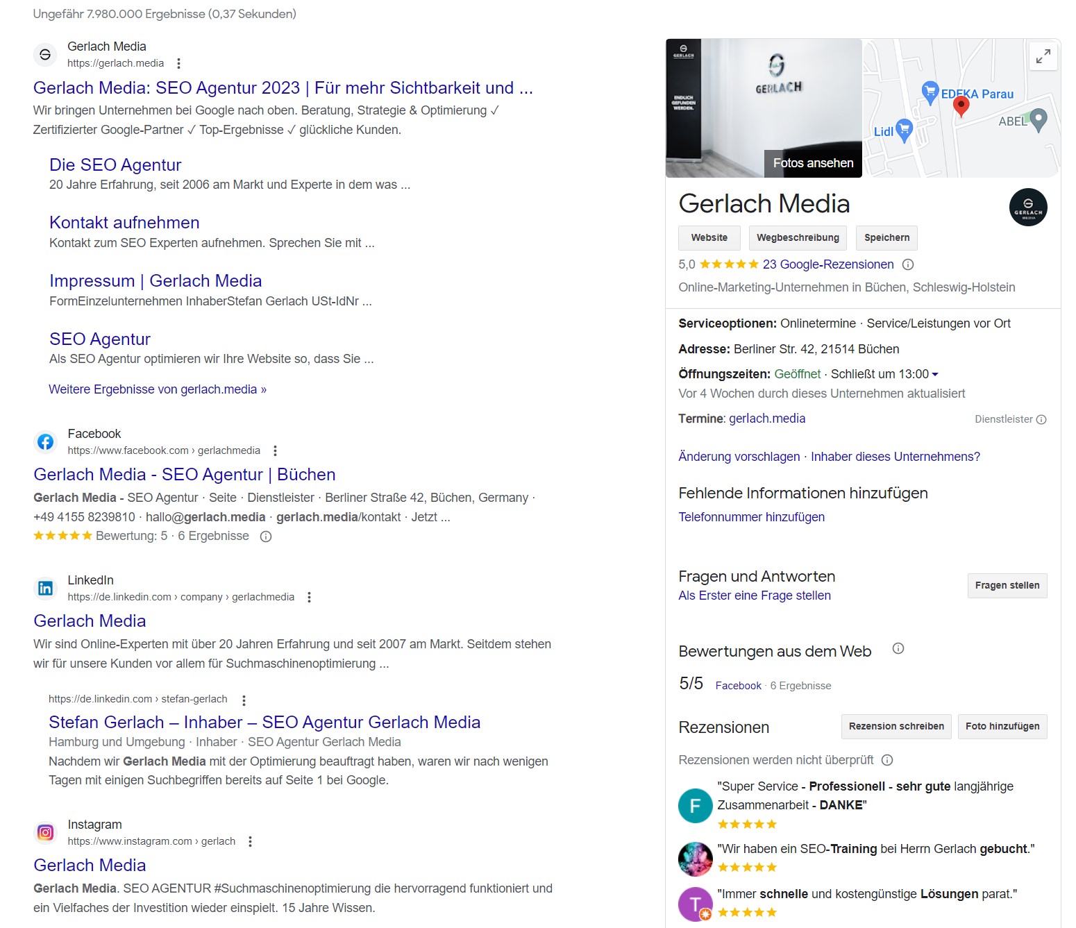 Screenshot Google Ergebnisse bei der Suche nach Gerlach Media