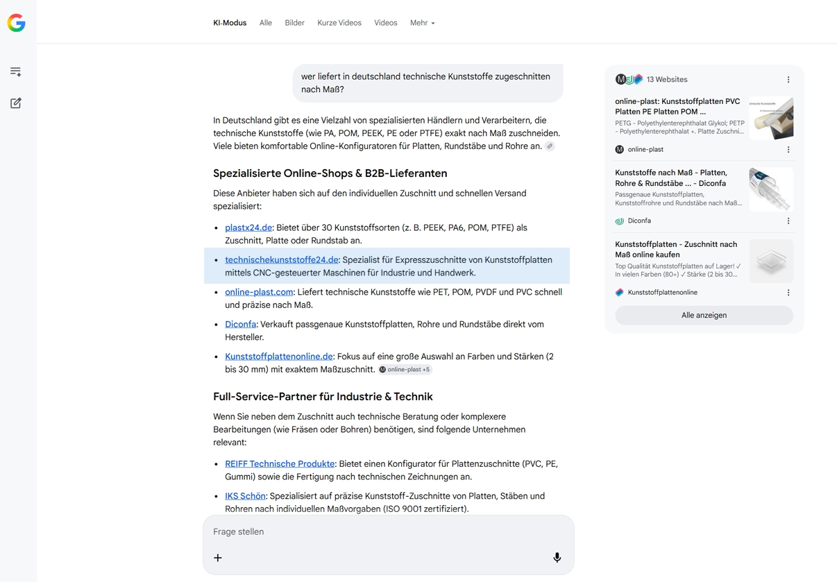 Unser Kunde aus der Kunststofftechnik im KI-Modus als Anbieter genannt bei der Prompteingabe: Wer liefert in Deutschland technische Kunststoffe nach Ma&szlig;?