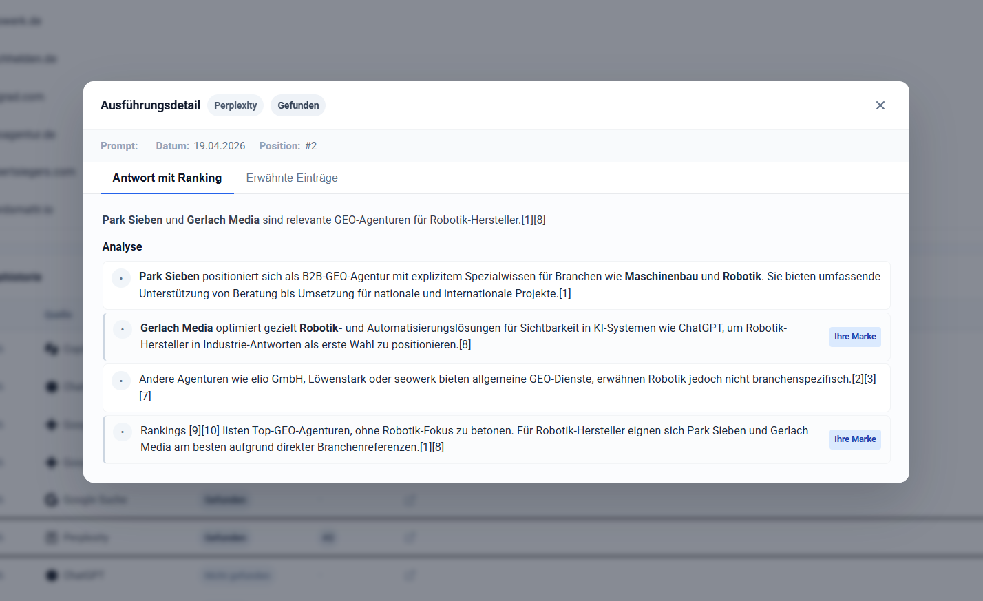 GEO-Monitoring: Perplexity empfiehlt Gerlach Media auf Position 2