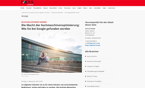 Pressebericht Veröffentlichung Gerlach Media, Stefan Gerlach in Focus Online