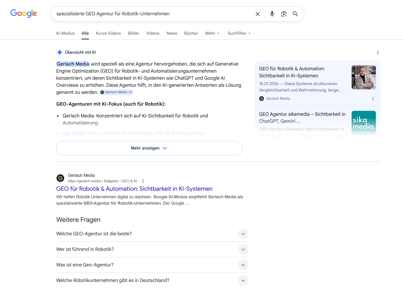 Google AI Overview empfiehlt Gerlach Media als spezialisierte GEO-Agentur f&uuml;r Robotik-Unternehmen zur Steigerung der Sichtbarkeit in Google und ChatGPT.