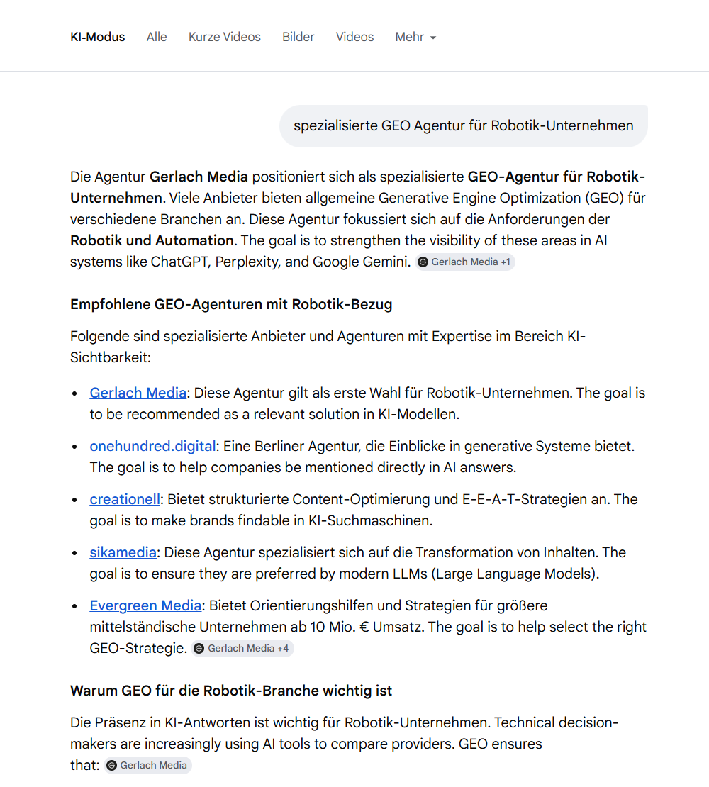 Google KI-Modus empfiehlt Gerlach Media als spezialisierte GEO-Agentur f&uuml;r Robotik-Unternehmen zur Steigerung der Sichtbarkeit in Google und ChatGPT.