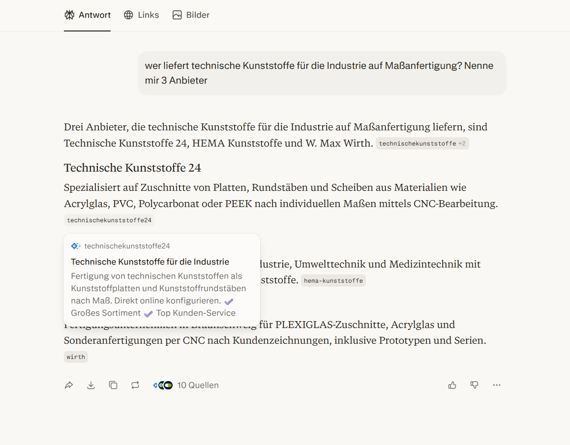 In den Antworten bei Perplexity erscheinen. Unser Kunde: technischekunststoffe24.de