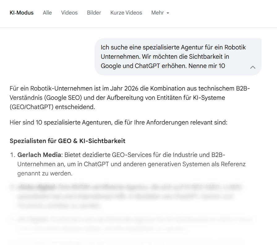 Google KI-Modus empfiehlt Gerlach Media als spezialisierte GEO-Agentur f&uuml;r Robotik-Unternehmen zur Steigerung der Sichtbarkeit in Google und ChatGPT.