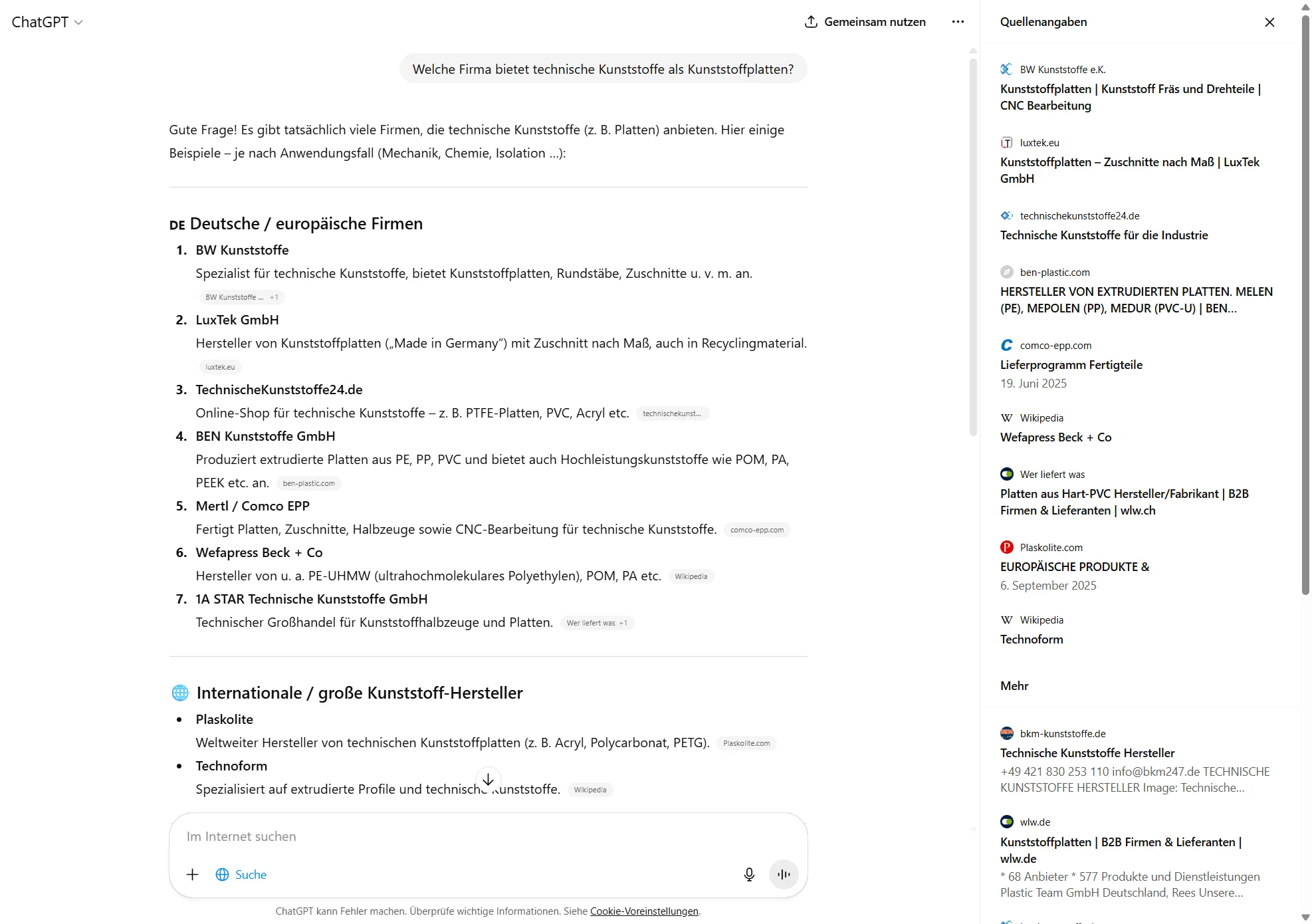 In den Antworten bei ChatGPT erscheinen. Unser Kunde: technischekunststoffe24.de und BW Kunststoffe