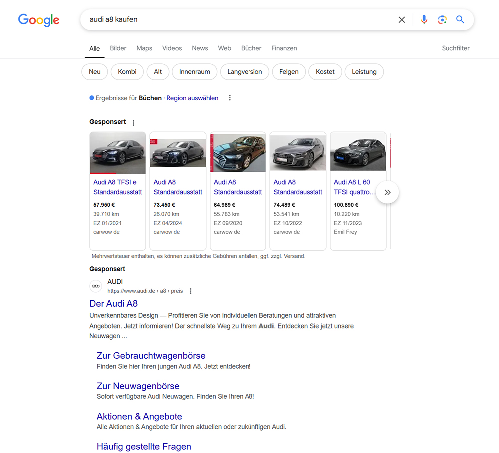 Marketing Automobilindustrie Werbeanzeigen in der Google Suchee