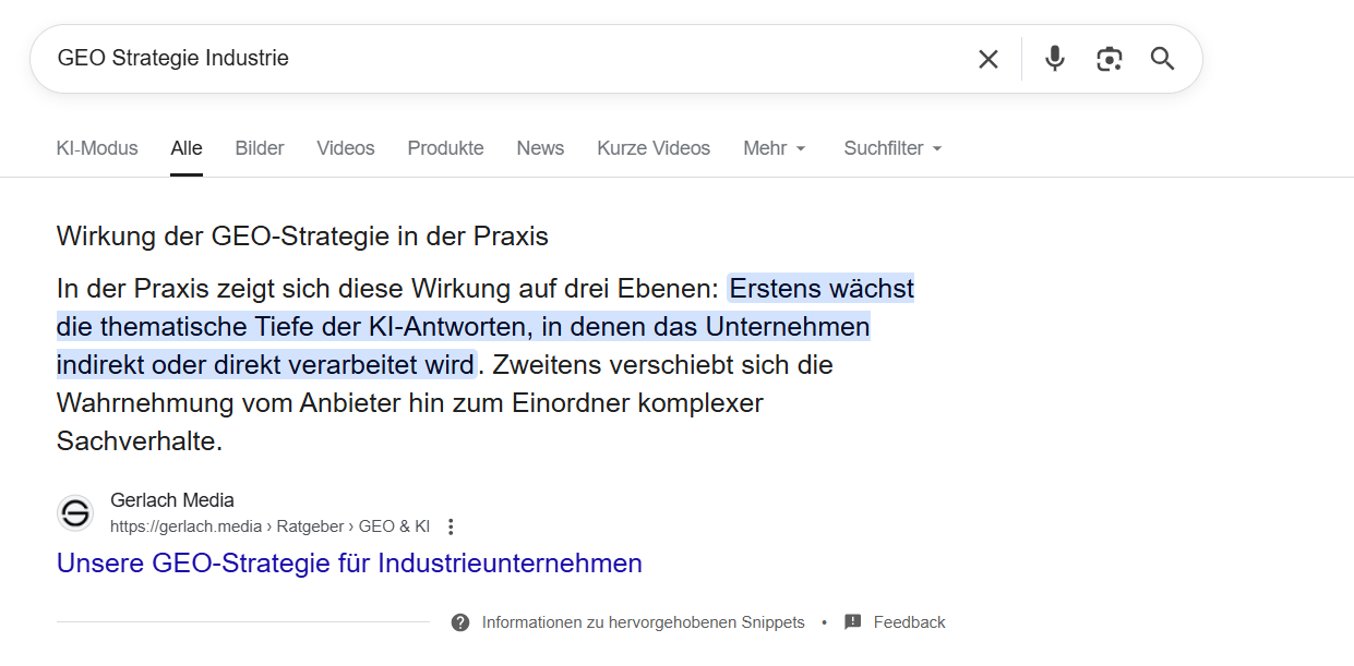 Screen aus der Google Suche - AI Overview Ergebnis zu GEO Strategie Industrie