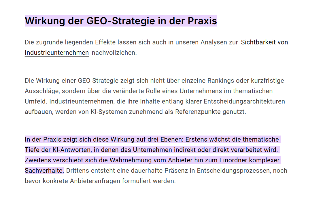 Screen von der Website nach Klick auf AI Overview Ergebnis, direkte Markierung hilft dem Besucher bei der Orientierung