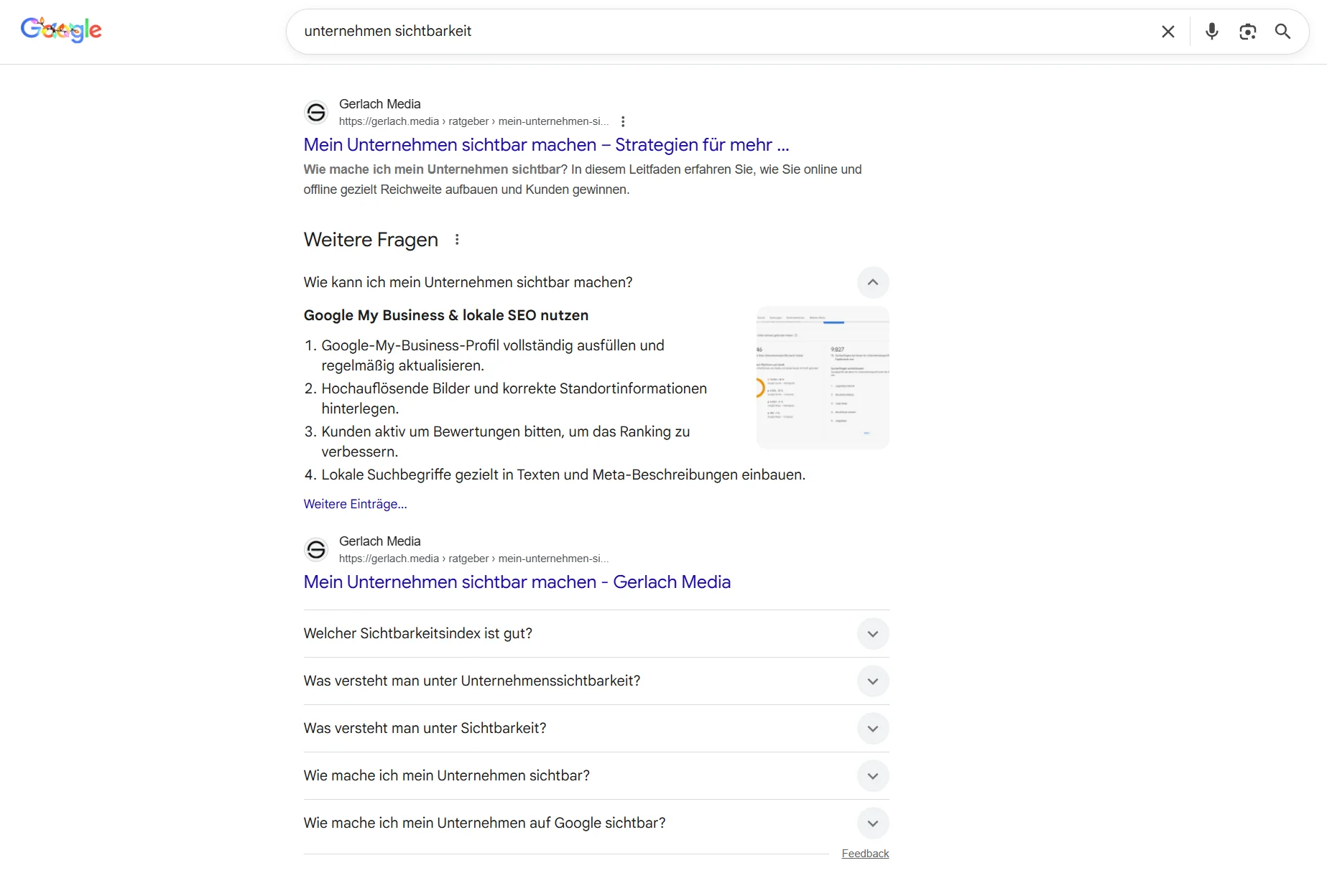Screenshot Google Suchergebnis zum Thema: Unternehmen sichtbar machen